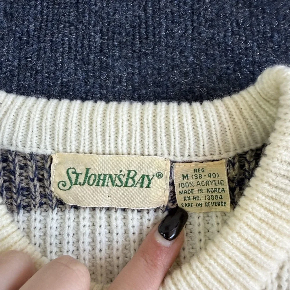 Vintage St. John's Bay Sweater Mens Medium Gray Striped Waffle Knit Crewneck - Picture 3 of 8